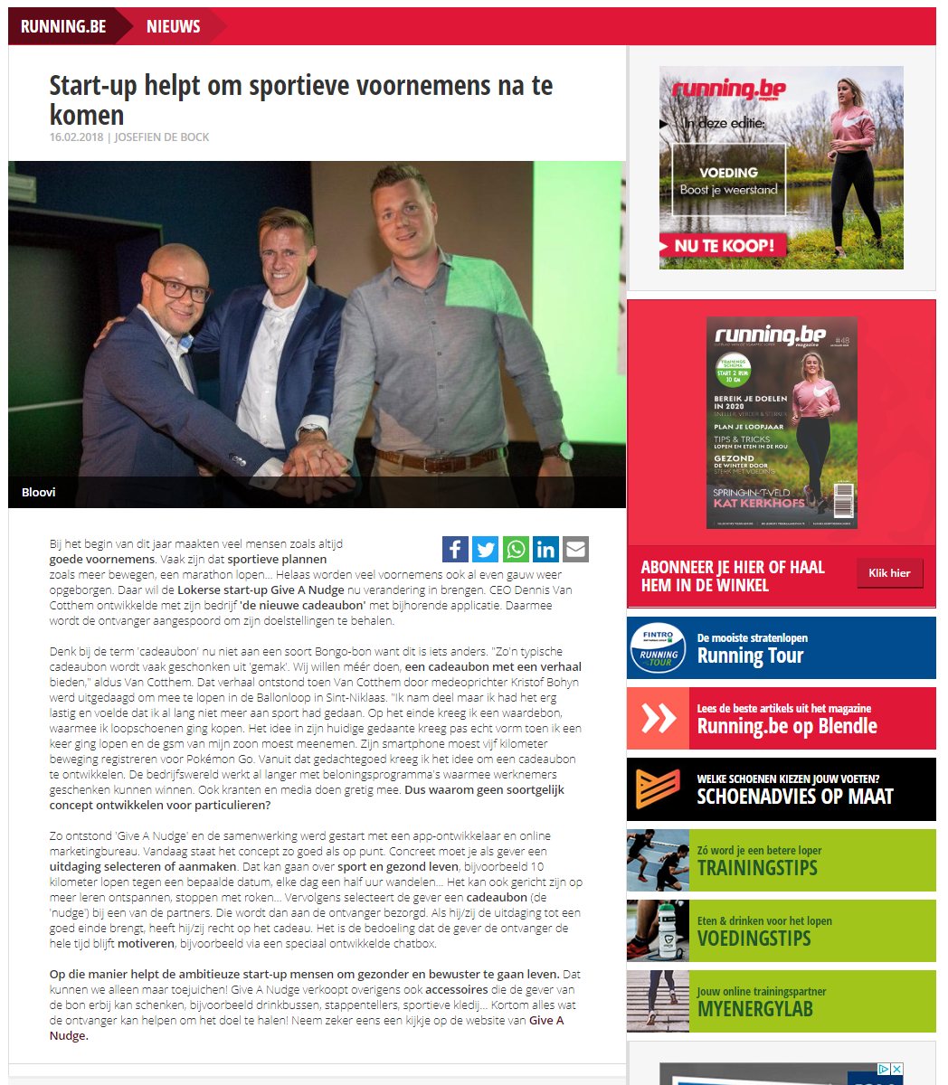 Running.be article about Give a Nudge